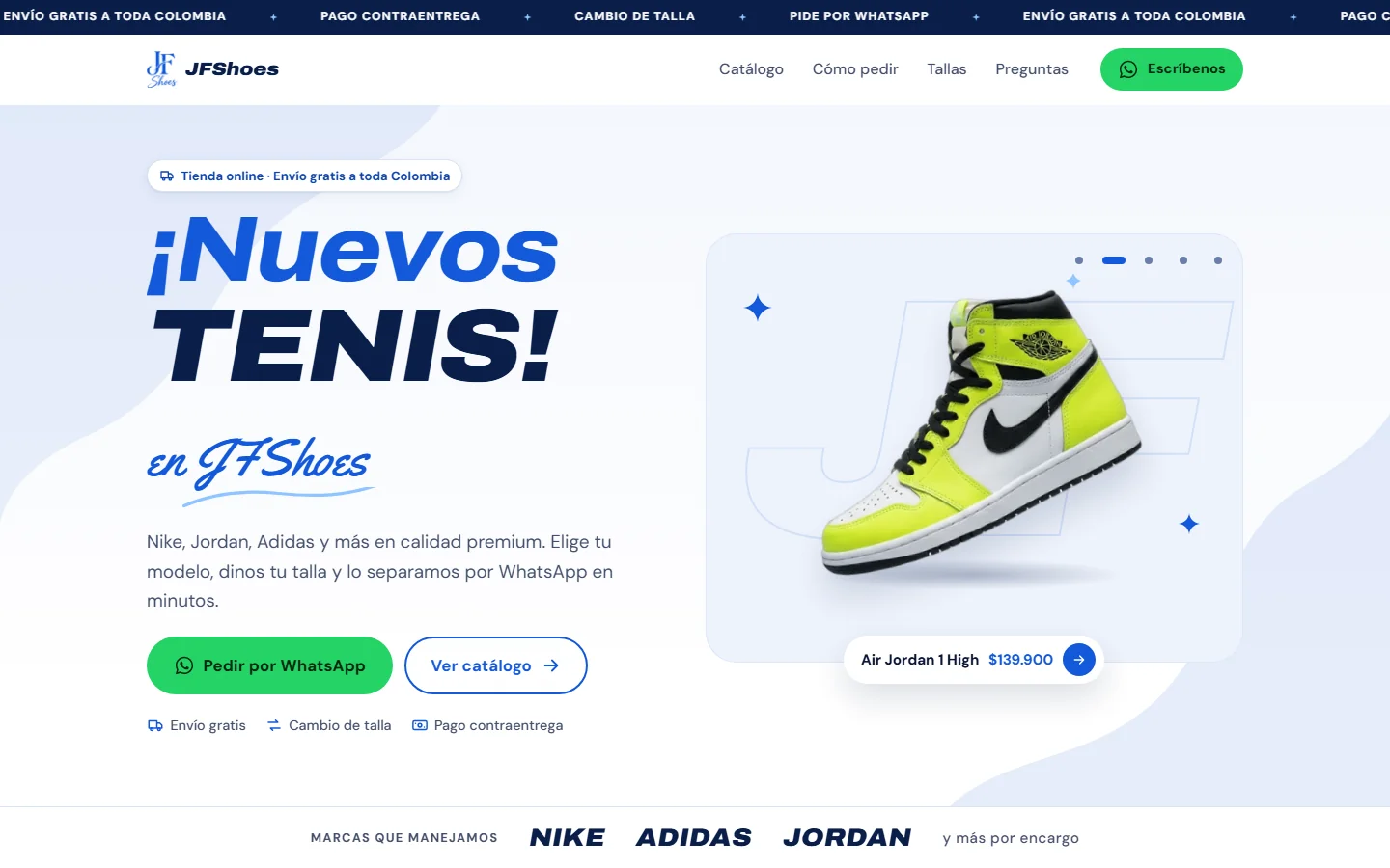 Página de inicio de jfshoes.com en computador