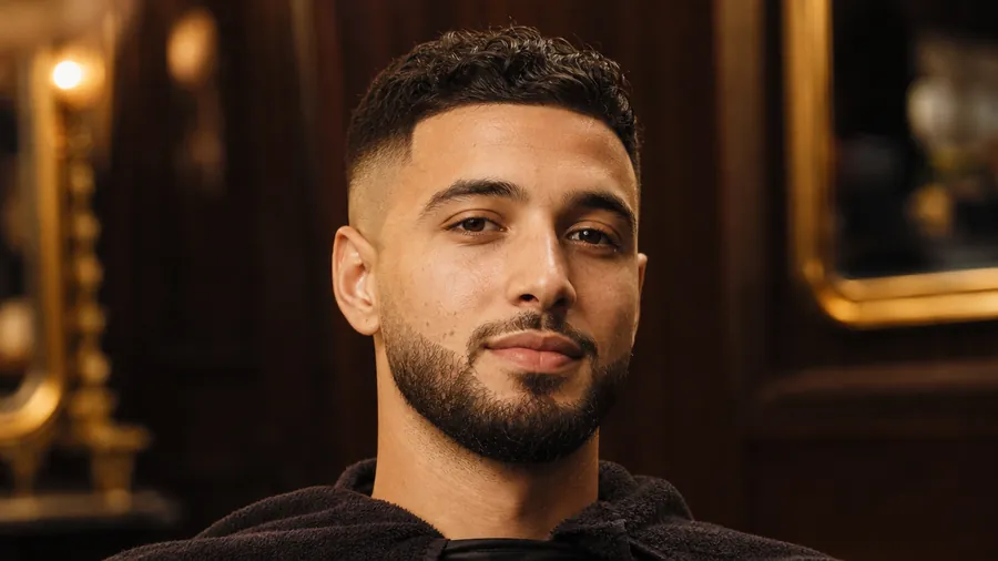 Corte texturizado con barba perfilada, vista frontal